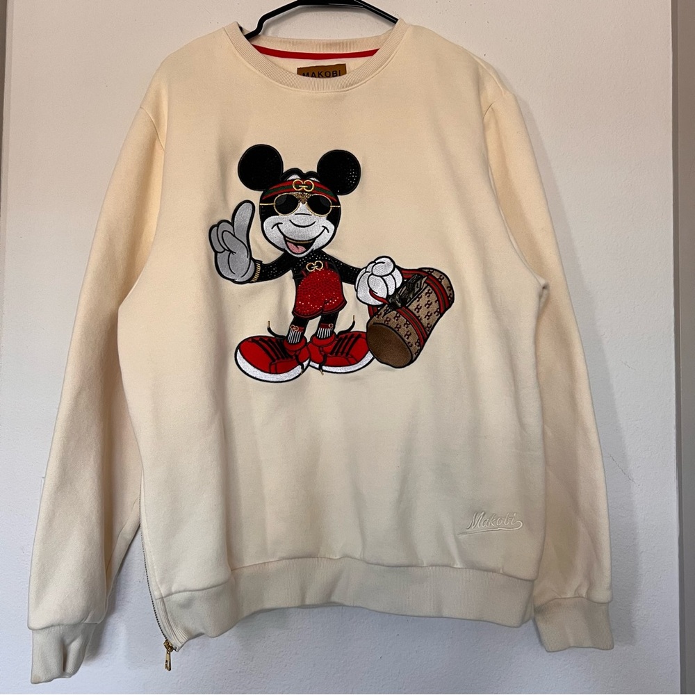 Makobi Cream Sweatshirt Bling Mickey Patch Design Size L